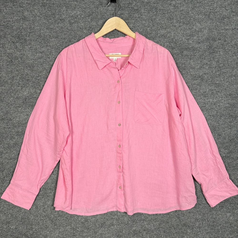 New Candace Cameron Bure Plus Sz 1X Shirt Pink Linen Blend Button Front Collared